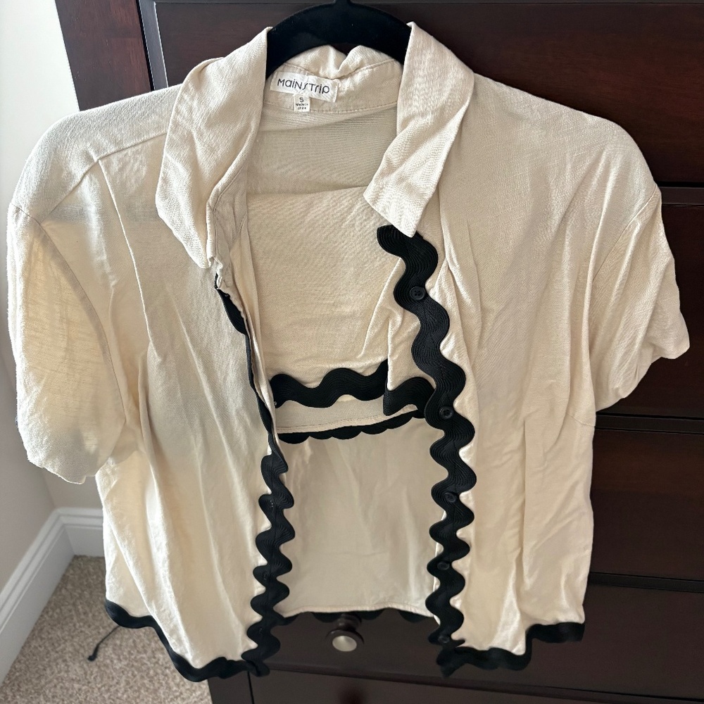 Size Small Main Strip RicRac Short Set - Cream and Black